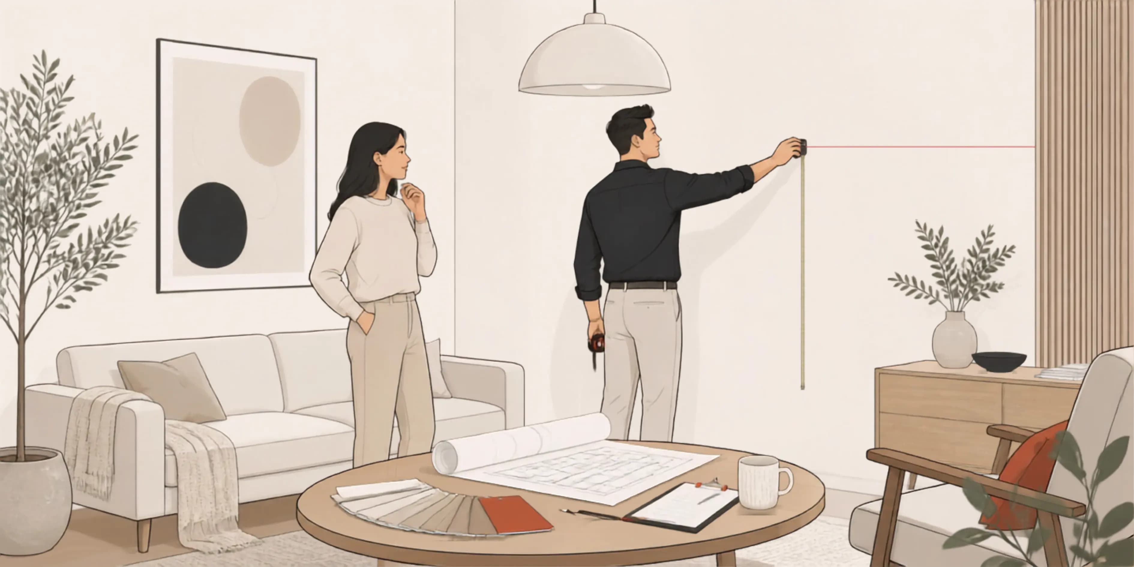 Spazay designer measuring a living room wall during a home site visit, with floor plans and material swatches on the table