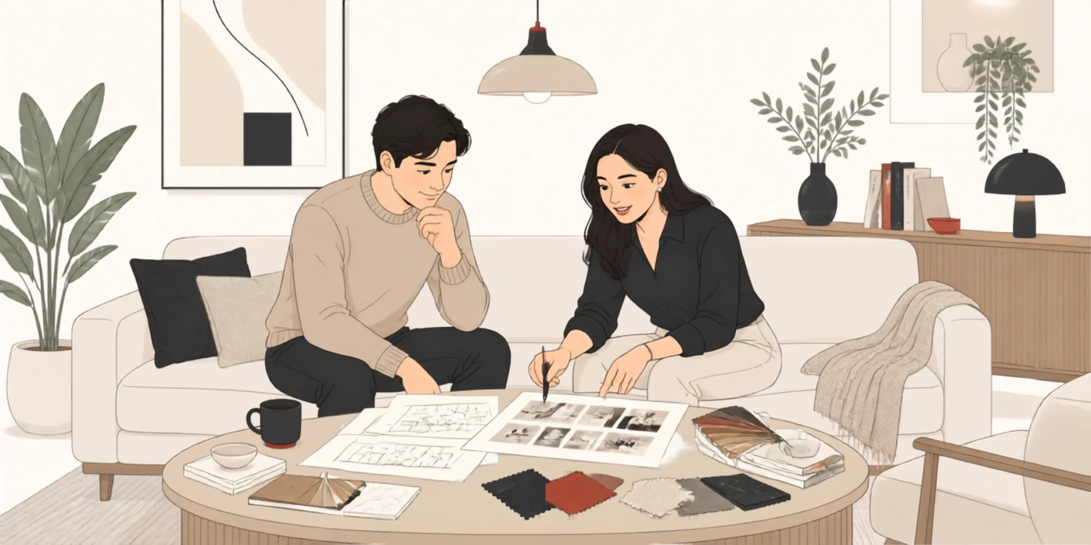 Homeowner and Spazay designer reviewing layout sketches, mood boards and fabric swatches to build the design brief